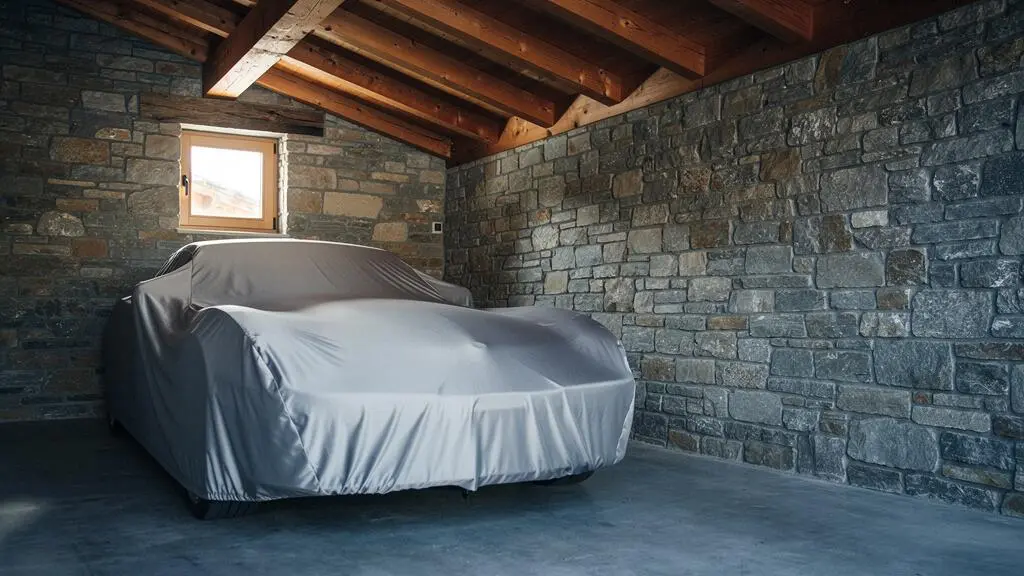 Voiture de collection recouverte d'une housse de protection dans un garage privé suisse, symbolisant l'assurance vol et incendie