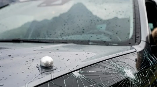 Pare-brise fissuré d'une voiture suisse avec un grêlon posé sur le capot, symbolisant les risques couverts par la casco partielle