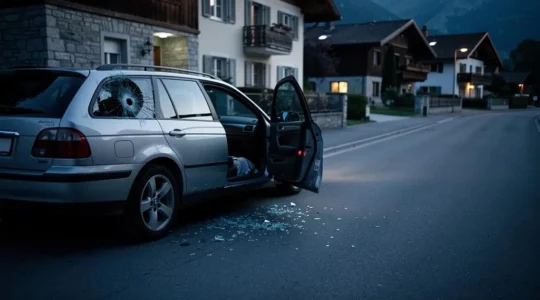 Voiture garee de nuit dans une rue suisse avec une vitre brisee, symbolisant le vol de vehicule et d'objets personnels